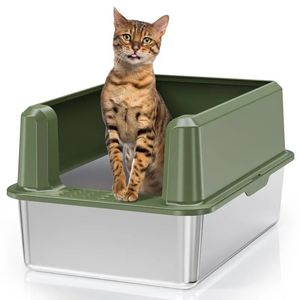 Caixa de areia para gatos de aço inoxidável com lado alto fechada caixa de areia grande para gatos grandes XL Fácil de limpar metal Kitty Litterbox com colher 240306