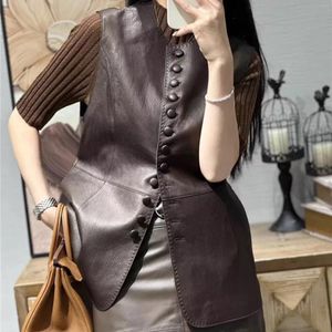 Women's Vests 2024 Genuine Leather Vest Autumn And Winter Sheepskin Rice Grain Embossed Round Neck Sleeveless Style Single Row Tank Top Fo