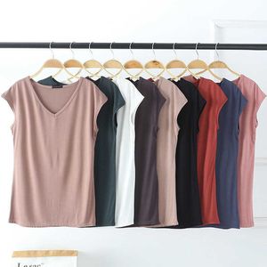 2023 민소매 티셔츠 여성 여름 새로운 단색 슬림 한 모달면 V- 넥 캐주얼 바닥 셔츠 오버레이 탑