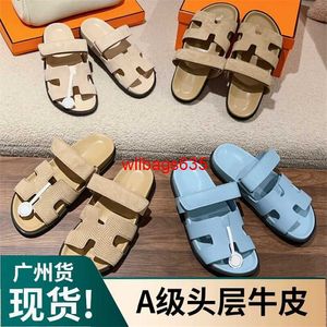 Chypre Leather Sandals Summer Slippers Slide Slip On Flat 2024 Springsummer New Genuine Leather Second Uncle Slippers Womens Straight Line S have logo HB2MVP