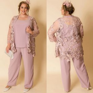 Chic pink Lace Mothers Pant Suits With Wrap Jewel Neck Wedding Guest Dress Three Pieces Plus Size chiffon Mother Of Bride Dresses