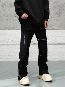 High Street Vibe Stil Pantolon Niş Tasarım Sense Mikro Boynuz Lumberjack Kurulmuş Cep fermuarlı kot pantolon T240316