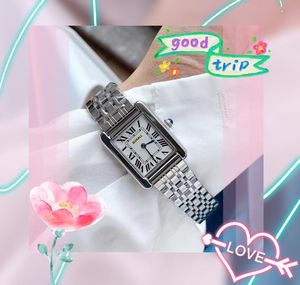 Fashion Women Small Size Watches Quartz Movement Silver Rose Gold Dress Lady Square Tank Stainless Steel Leather Strap Two Pins Black White Dial Wristwatches Gifts