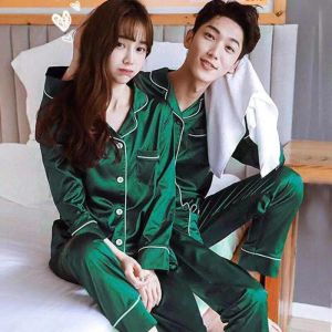 Sleepwear Sleepwear Par Silk Satin Solid Color Pama Set Long Buttondown Pijama Plus Size Home Clothes Pyjamas Women Men Loungewear