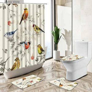 Shower Curtains Floral Bird Shower Curtain Flowers Animal Hand Painted Art Bathroom Set Chinese Non-Slip Carpet Toilet Cover Floor Mat Washable Y240316