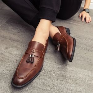 Men's Black Dress Shoes British Tassel Paty Leather Loafers Men's Flat Men's Shoes Genuine Leather Oxford Shoes Wedding