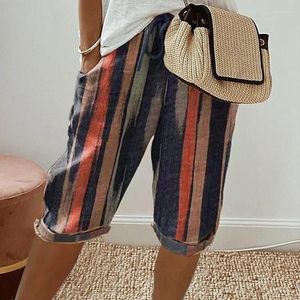 Kvinnors byxor vintage randig tryck harajuku för kvinnor 2024 vårbindning hög midja knäbyxa Summer Casual Pocket Straight Byxor