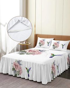 Bed Skirt Hummingbird Pink Flower White Elastic Fitted Bedspread With Pillowcases Mattress Cover Bedding Set Sheet