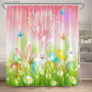 Duschgardiner Cartoon Bunny Easter Shower Curtains Spring Butterfly Daisy Flower Plant Rabbit Eggs Badgardin Badrum Dekoration med krokar Y240316