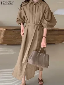 Casual Dresses Vintage Long Shirt Dress Women Solid Midi Sundress ZANZEA 2024 Spring Sleeve Belted Vestido Buttons Lapel Party Robe