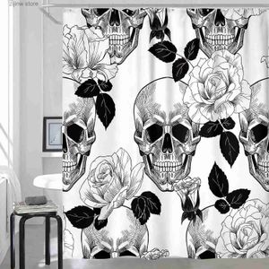 Duschgardiner blommig skalle dusch gardin svart och vitt skelett rosblommor halloween gardiner polyester tyg badrum dekor med krokar y240316
