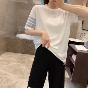 2024 Summer TB Academy Style Round Neck Knitted Ice Linen Short Sleeve Casual Versatile T-shirt Loose Womens Bottom Top