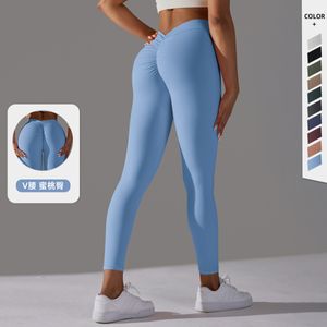 Sanding V waist pleated solid color peach hip yoga leggings sports running fitness tight cropped pants