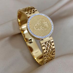 Chunky novo strass incrustado leão largo 14k ouro amarelo pulseiras pulseiras para mulheres masculino charme pulso jóias à prova dwaterproof água