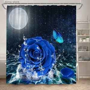 Cortinas de chuveiro Blue Rose Cortinas de chuveiro Borboleta Flor Céu estrelado Lua cheia Oceano Cenário Poliéster Decoração de banheiro Cortina de banho com ganchos Y240316