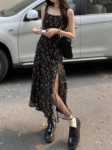 DeepTown Y2K Vintage Black Mesh Dres Koreańskie recenzje Wiele sukienek Fairy Floral Summer Midi Slip Szyfonowe Vestidos 240313