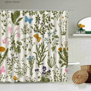 Shower Curtains Floral Shower Curtain Garden Wild Plant Leaf Flower Butterfly Retro Watercolor Art Bathroom Decor With Hook Waterproof Screen Y240316