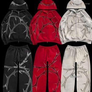 Herrspårar Rhinestones Skriv ut full zip hoodie löst set män mode streetwear y2k gothic hip hop tröjor kläder 5837