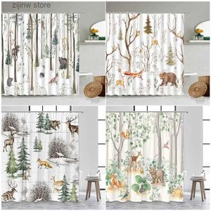 Cortinas de chuveiro Floresta Animais Cortinas de Chuveiro Fazenda Pássaro Renas Raposa Esquilo Elk Urso Vida Selvagem Plantas Pintura Decoração de Casa Conjunto de Cortina de Banheiro Y240316