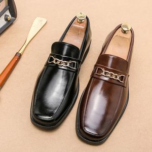 Square Toe Men's Leather Shoes British Retro Metal Buckle Business Casual Loafers One Pedal Banquet Marriage Men's Shoes