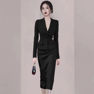 Dresses 2022 Woman Spring Autumn New Ol Suits Female Long Sleeve Blazer Jackets + Midi Slim Package Hip Skirts Ladies 2 Piece Sets J56