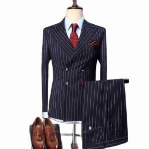 Suits Navy Blue Stripe Men's Suits 2022 Double Breasted Slim Fit Vintage Wedding Groom Tuxedos Formella Business Suits Costume Homme