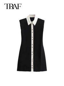 Abiti casual di base TRAF Donna Patchwork Abiti corti 2024 Primavera Nero Abito senza maniche Donna Office Button Fe Party Dress Abiti da donnaC24315