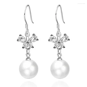 Dingle örhängen 925 Sterling Silver Bow Pearl Christmas Gift Micro Inlay Cubic Zirconia for Women 2024 Black Friday D