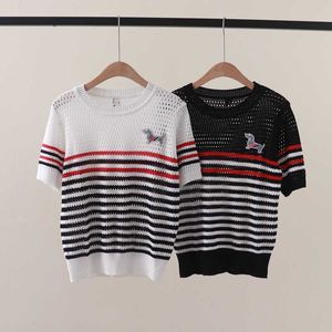 2024 Summer New TB Contrast Stripe Hollow Chest Dog Patch Short Sleeve Ice Silk Knitted Top T-shirt for Women