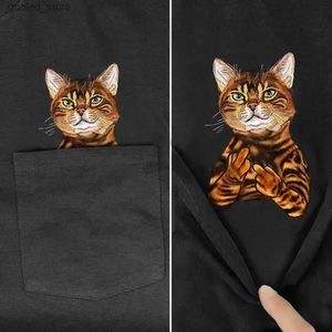 Herr t-shirts cloocl t-shirt mode Summer Bengal Cat Pocket T-shirt 3D Printing Mens and Womens Shirt Top Fun Cotton Black T-shirt Q240316