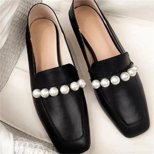 Casual Shoes Maxi Pearls For Ladies Square Toes Women's Shallow Chassure Femme Leather Female Loafers Sewing Lines Low Heels Zapatos