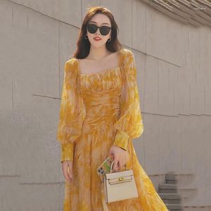 Casual Dresses Summer For Women 2024 Yellow Elegant Chiffon Maxi Dress Korean Long Sleeve Beach Tunics Floral Prom Evening Vacation