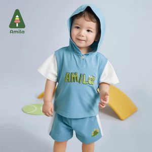 Amila Bebek Erkekler Setleri Kapüşonlu Toddler Boy Giysileri Pamuk Spor Mektubu Bebek Kızlar İçin Üst ve Alt Set Takımları 240314