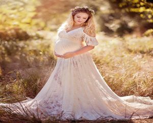 Chic Lace Maternity Dresses for Po Shoot med korta ärmar Split Front Pregnant Gown Court Train Custom Made Maxi Dress4340779