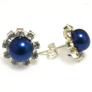 Stud Earrings 8-9mm Blue Natural Button Pearl Zirconia 925 Sterling Silver Earring