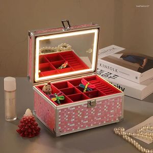 Borse per cosmetici Custodia per cosmetici per trucco LED 3 colori regolabili Scatola per organizer professionale Lega di alluminio per trucco con gioielli con serratura