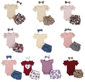 13StyleBaby Clothes Girls Solid Rompers Bowknot pannband Floral Shorts 3PCSSet Outfits Kids Jumpsuit Flower Shorts Hårband S9558404