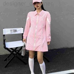 Grundläggande casual klänningar designer kvinnors rosa vita kolliderande färger lapel enkel retro t-shirt klänning vår coola flickor sport zip cardigan gffo