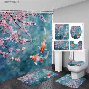 Cortinas de chuveiro rosa flores carpa cortina de chuveiro conjunto flor de cerejeira koi peixe aquarela decoração de banheiro antiderrapante tapete de banho tampa de vaso sanitário y240316