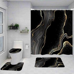 Duş perdeleri soyut mermer duş perdesi set altın çizgiler siyah gri desen modern lüks ev banyo dekoru kaymaz halı tuvalet kapak y240316