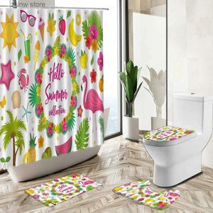 Zasłony prysznicowe Flamingo Zielone Zielone Rośliny Zestaw zasłony prysznicowej Summerny owoc ananasowy arbuz cytrynowy mata do kąpieli toaleta dywan łazienkowy Y240316