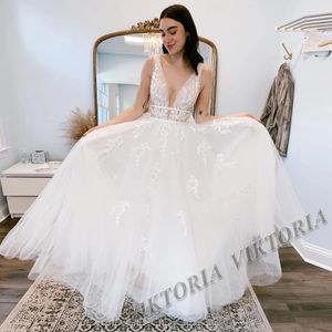 VIKTORIA Pastrol Vestidos de casamento com decote em V, costas nuas, tule para mulheres, noiva, linha A, apliques, vestidos de novia, feitos sob encomenda 240314