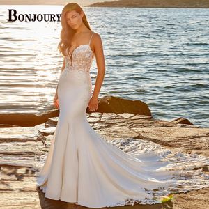 Bonjoury atraente mermiad vestidos de casamento para mulher cintas de espaguete sem costas vestido de noiva cetim feito sob encomenda 240314