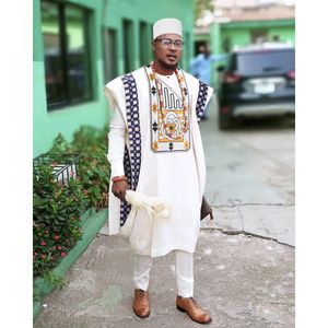 H D African Clothes for Men Traditional Rich Bazin Original Embroidery White Clothing Men 3 PCS Set Wedding Party Occasion 240304