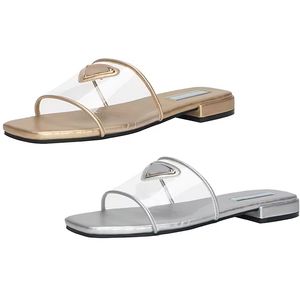 Triangle Metallic Slide Sandals Designer Slides Women Slippers Summer Letter Chunky Heels Ladies Beach Prad Sandal Flip Flops Slipper Fashion Low Heel Shoes