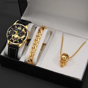 Другие часы Мужские черные кожаные кварцевые es Роскошные модные мужские спортивные наручные часы для мужчин Ожерелье-браслет Relogio Masculino Y240316