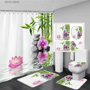 Cortinas de chuveiro Zen Verde Bambu Cortina de chuveiro Conjunto Rosa Lotus Orquídea Cinza Pedra Spa Cenário Decoração de banheiro Tapete antiderrapante Tapetes de banho Tampa de banheiro Y240316