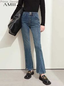 Mäns jeans amii minimalistiska jeans för kvinnor 2023 vinter ny boot classic denim dubbel midje huvud skarvade slits retro byxor 12344342l2403