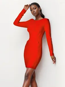 Casual klänningar kvinnor sexig långärmad röd mini bodycon bandage klänning födelsedag elegant kvällsfest
