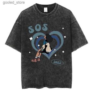 メンズTシャツ2023 S.Z.A SOSプリントかわいい漫画TシャツSZAハート型グラフィックTシャツ高品質のコットンレトロ特大の短袖TシャツQ240316